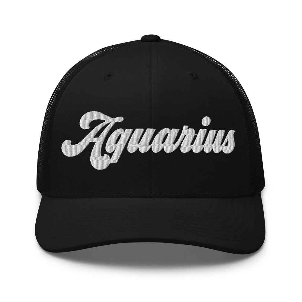 Aquarius Zodiac Embroidered Curved Bill Trucker Hat - Black Color - https://ascensionemporium.net