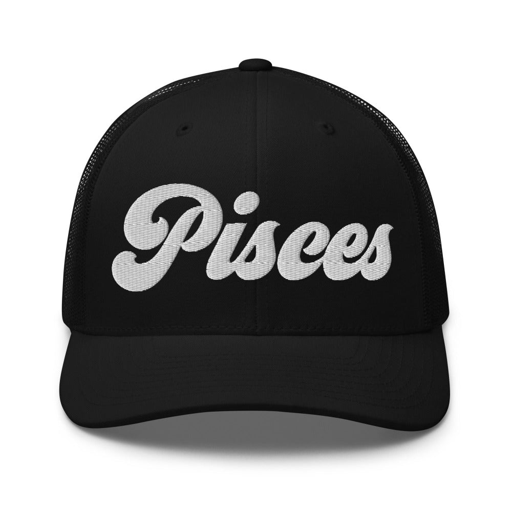 Pisces Zodiac Embroidered Curved Bill Trucker Hat - Black Color - https://ascensionemporium.net