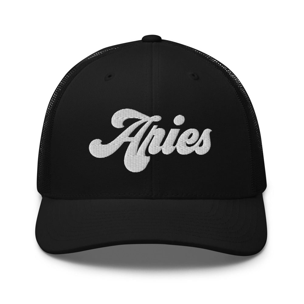 Aries Zodiac Embroidered Curved Bill Trucker Hat - Black Color - https://ascensionemporium.net