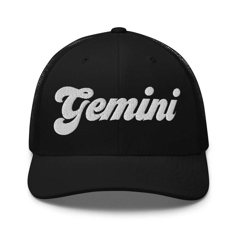 Gemini Zodiac Embroidered Curved Bill Trucker Hat - Black Color - https://ascensionemporium.net