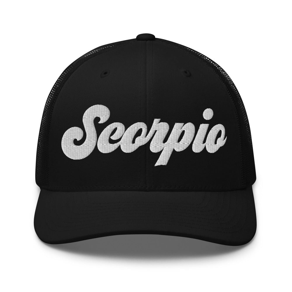 Scorpio Zodiac Embroidered Curved Bill Trucker Hat - Black Color - https://ascensionemporium.net
