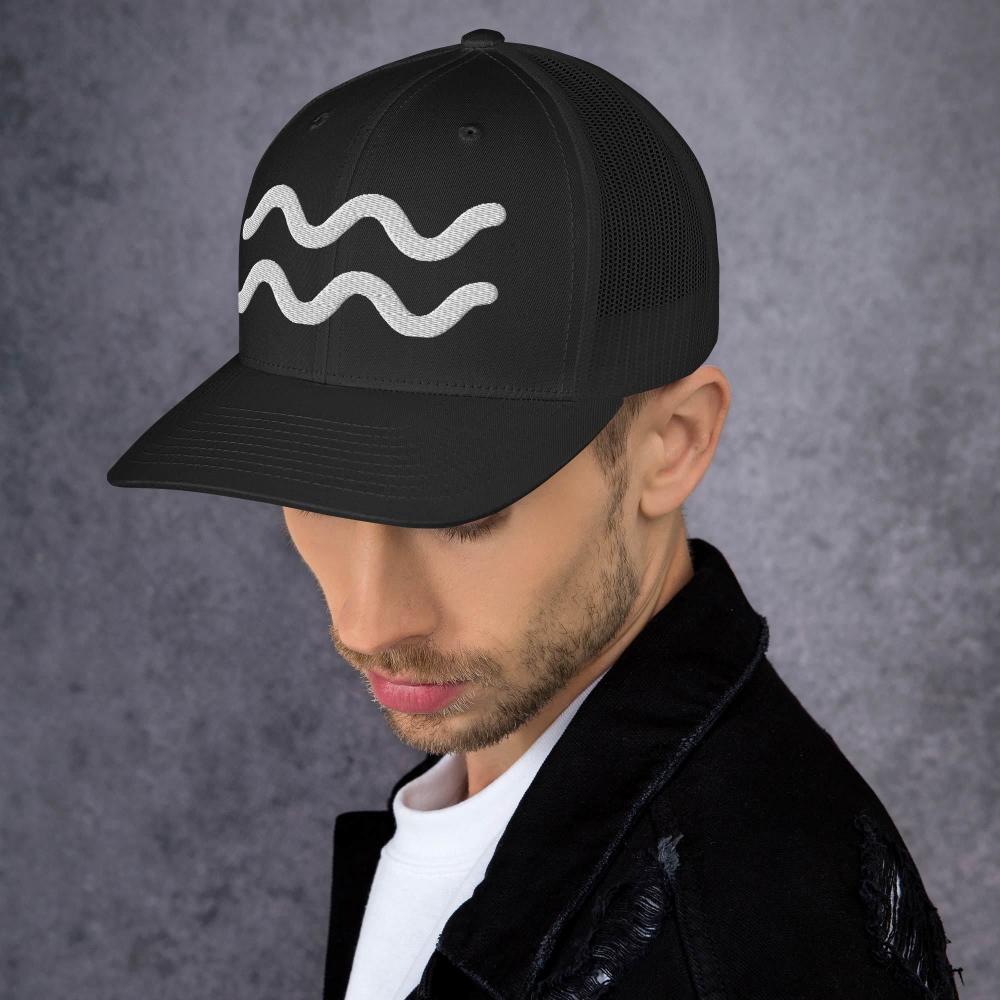 Aquarius Zodiac Embroidered Curved Bill Trucker Hat - Black Color - https://ascensionemporium.net