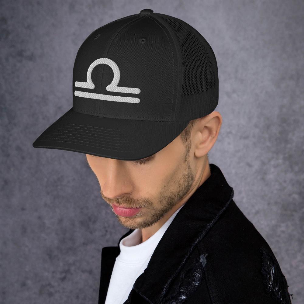 Libra Zodiac Embroidered Curved Bill Trucker Hat - Black Color - https://ascensionemporium.net