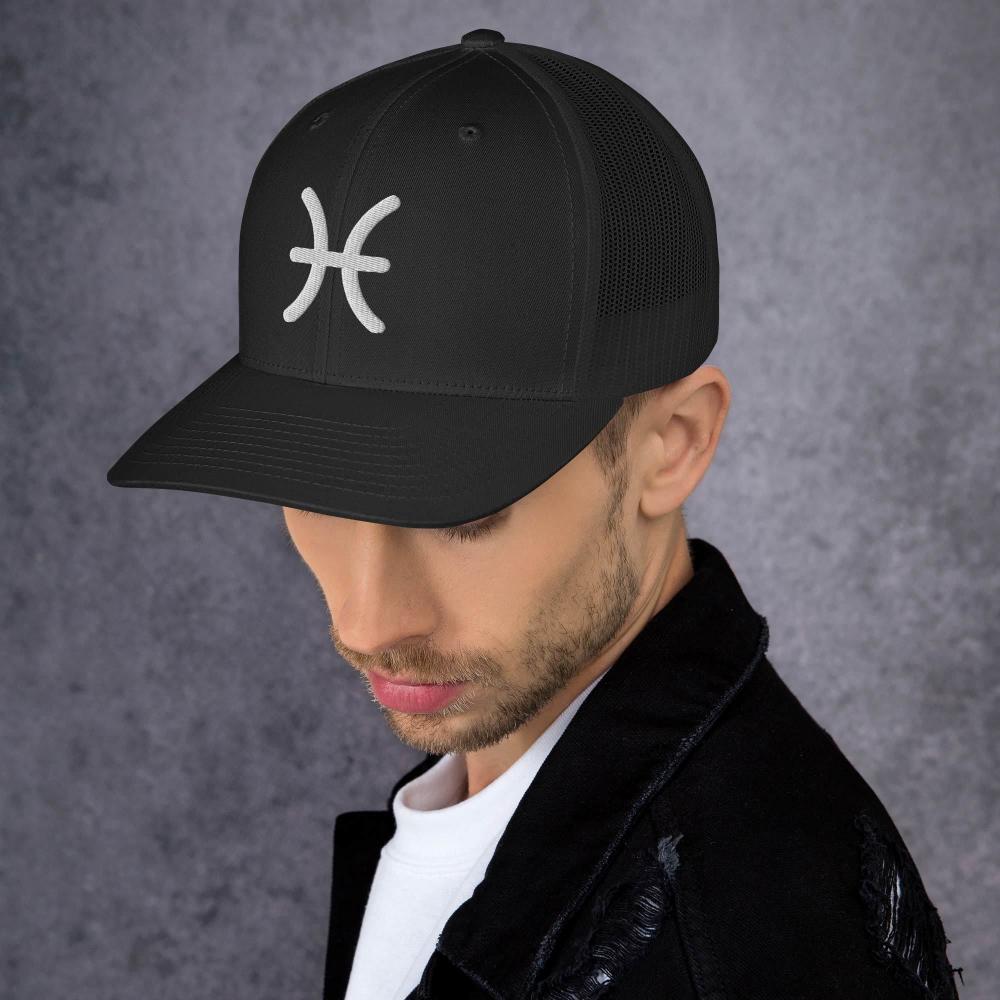 Pisces Zodiac Embroidered Curved Bill Trucker Hat - Black Color - https://ascensionemporium.net