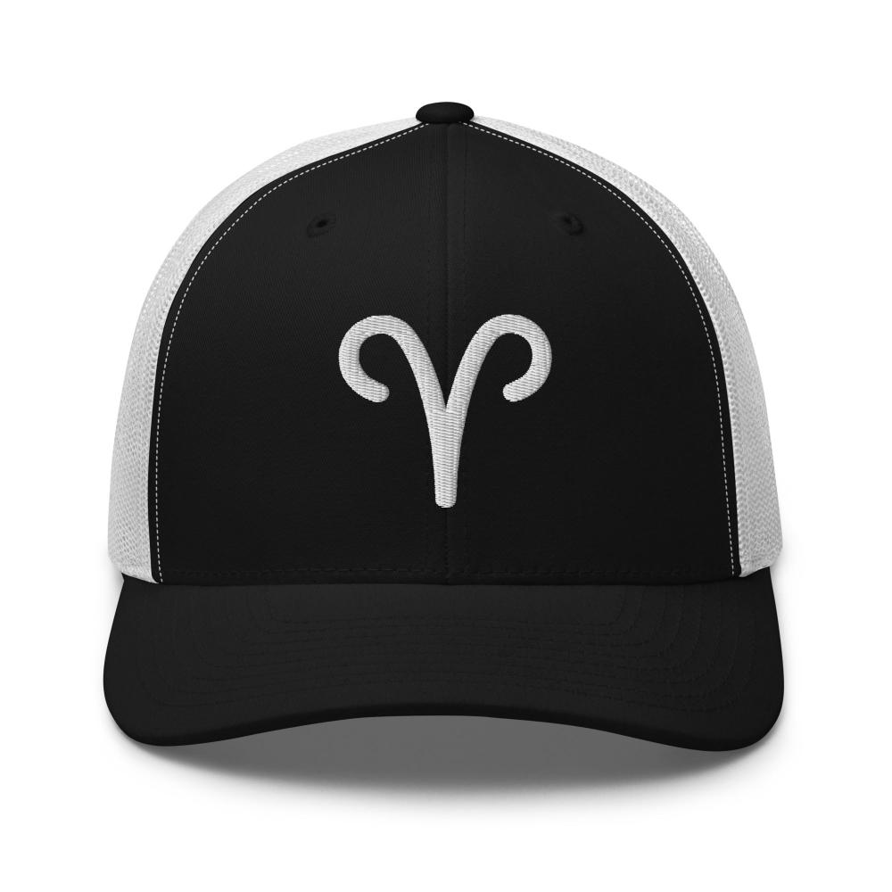 Aries Zodiac Embroidered Curved Bill Trucker Hat - Black/White Color - https://ascensionemporium.net