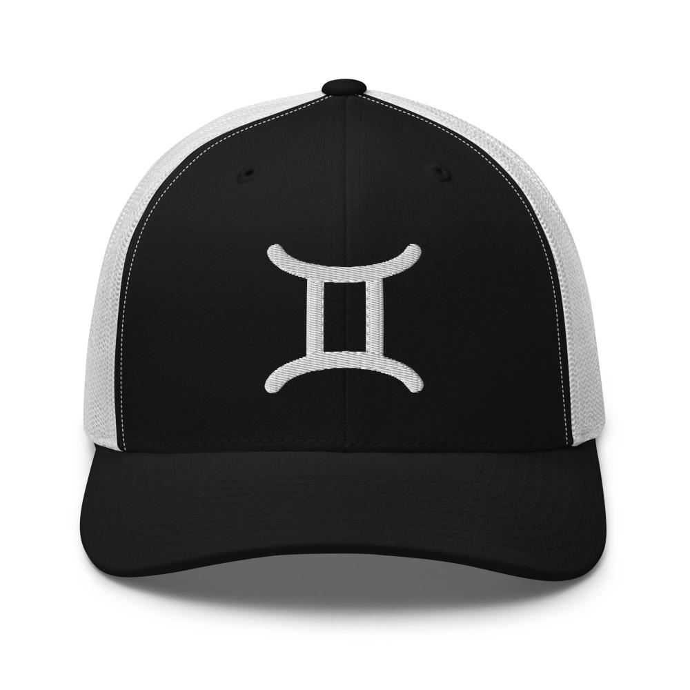 Gemini Zodiac Embroidered Curved Bill Trucker Hat - Black/White Color - https://ascensionemporium.net