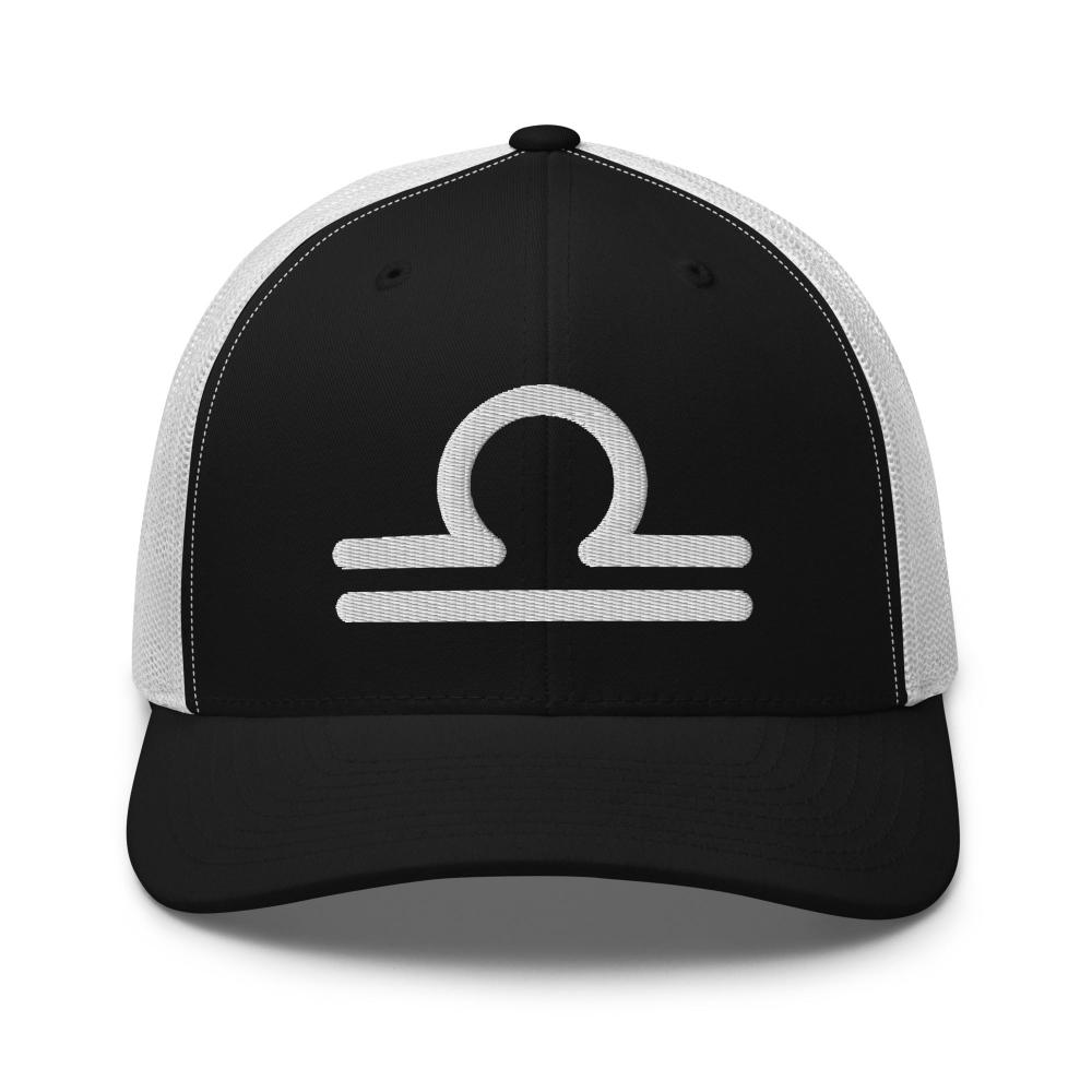 Libra Zodiac Embroidered Curved Bill Trucker Hat - Black/White Color - https://ascensionemporium.net