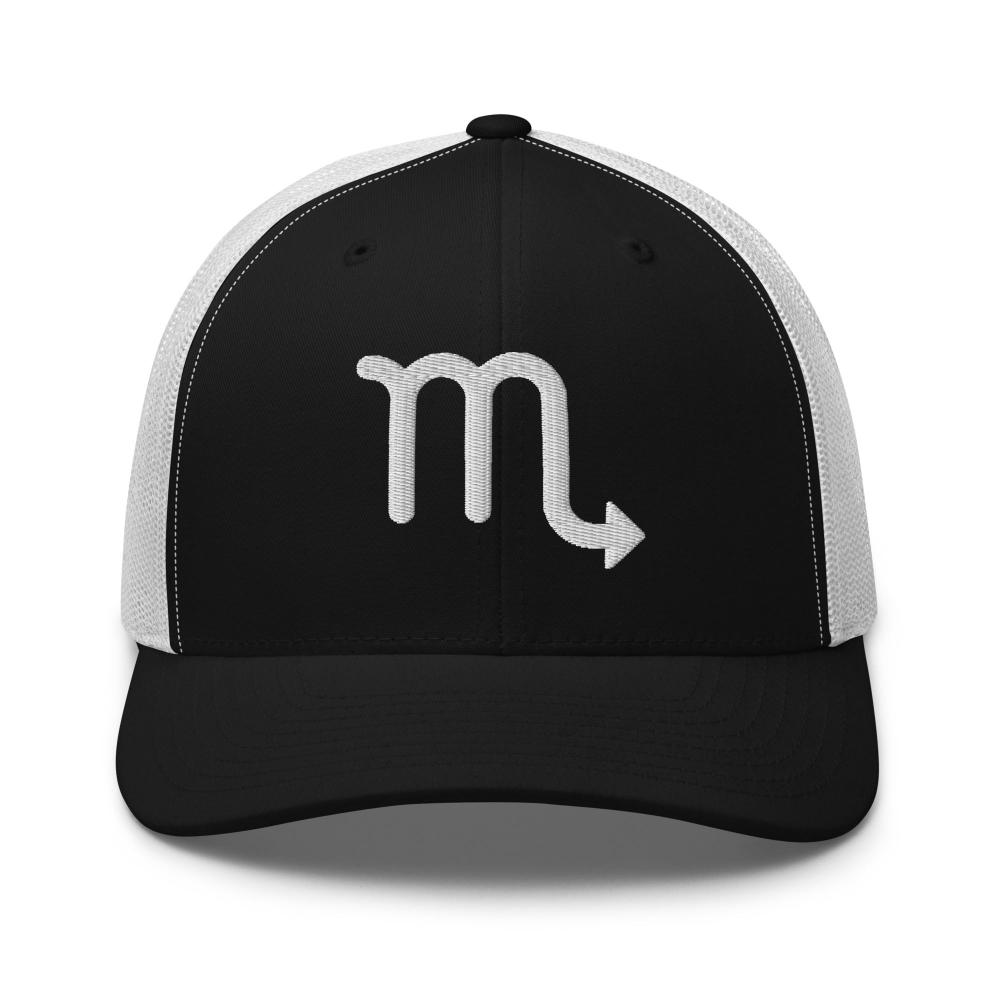 Scorpio Zodiac Embroidered Curved Bill Trucker Hat - Black/White Color - https://ascensionemporium.net