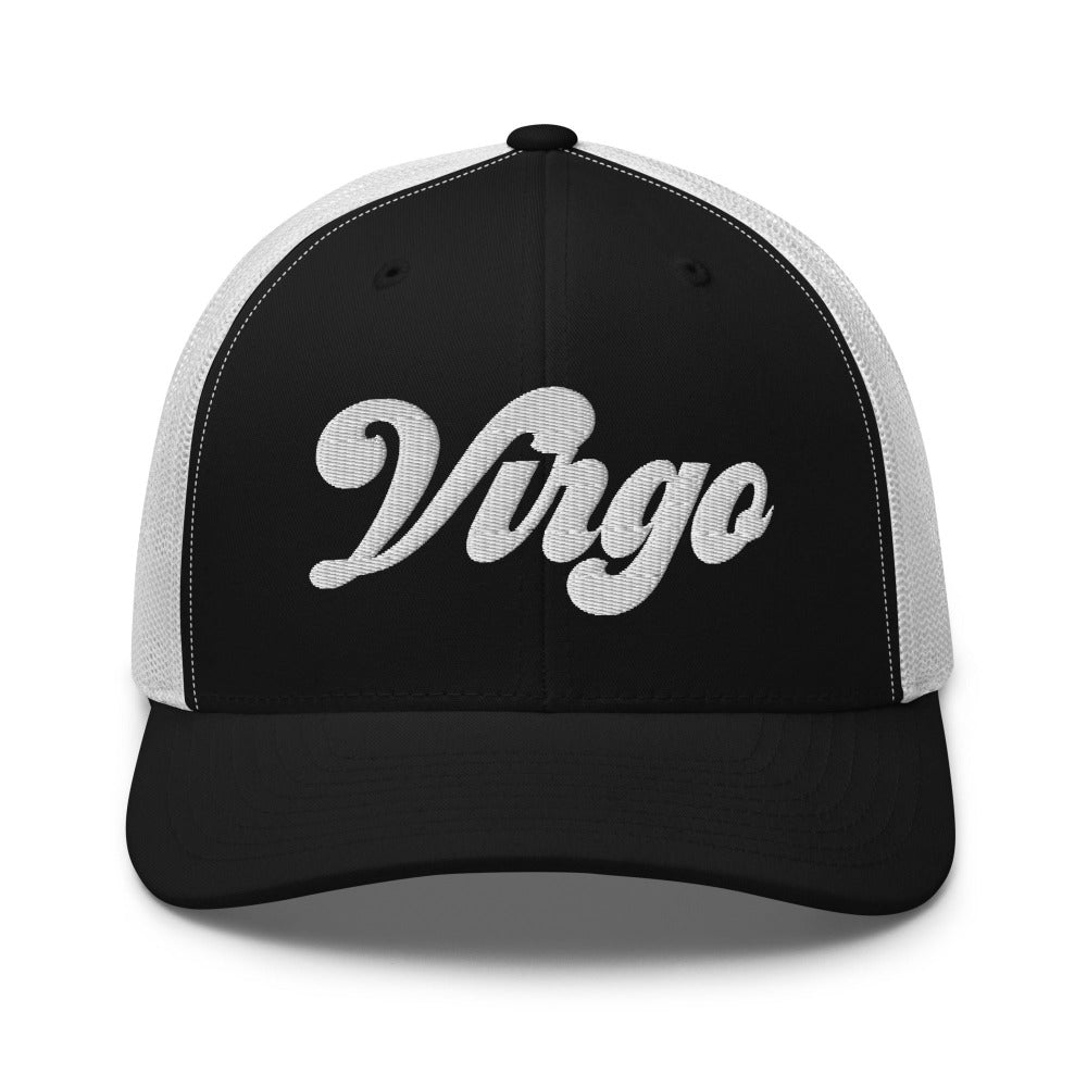Virgo Zodiac Embroidered Curved Bill Trucker Hat - Black/White Color - https://ascensionemporium.net
