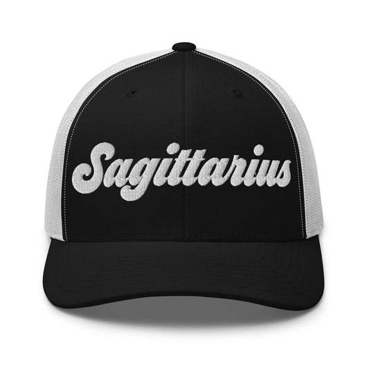 Sagittarius Zodiac Embroidered Curved Bill Trucker Hat - Black/White Color - https://ascensionemporium.net