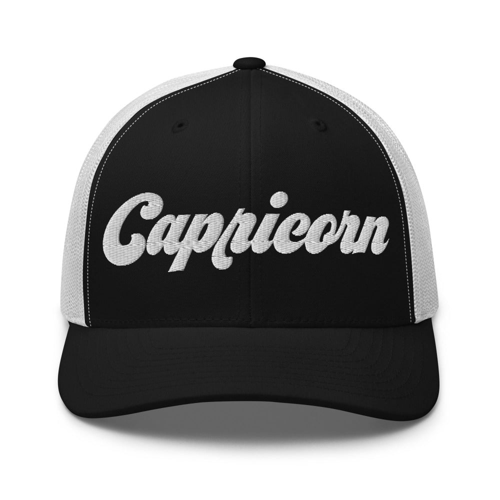 Capricorn Zodiac Embroidered Curved Bill Trucker Hat - Black/White Color - https://ascensionemporium.net
