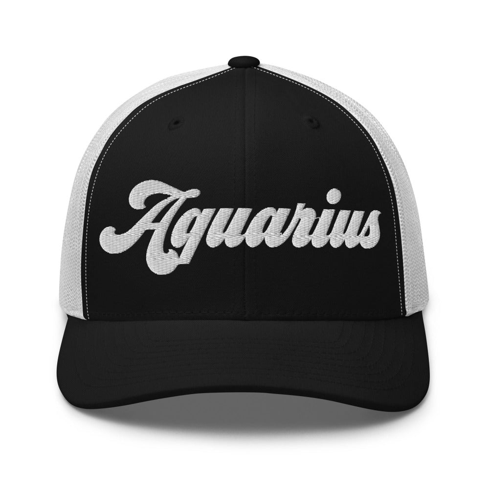 Aquarius Zodiac Embroidered Curved Bill Trucker Hat - Black/White Color - https://ascensionemporium.net
