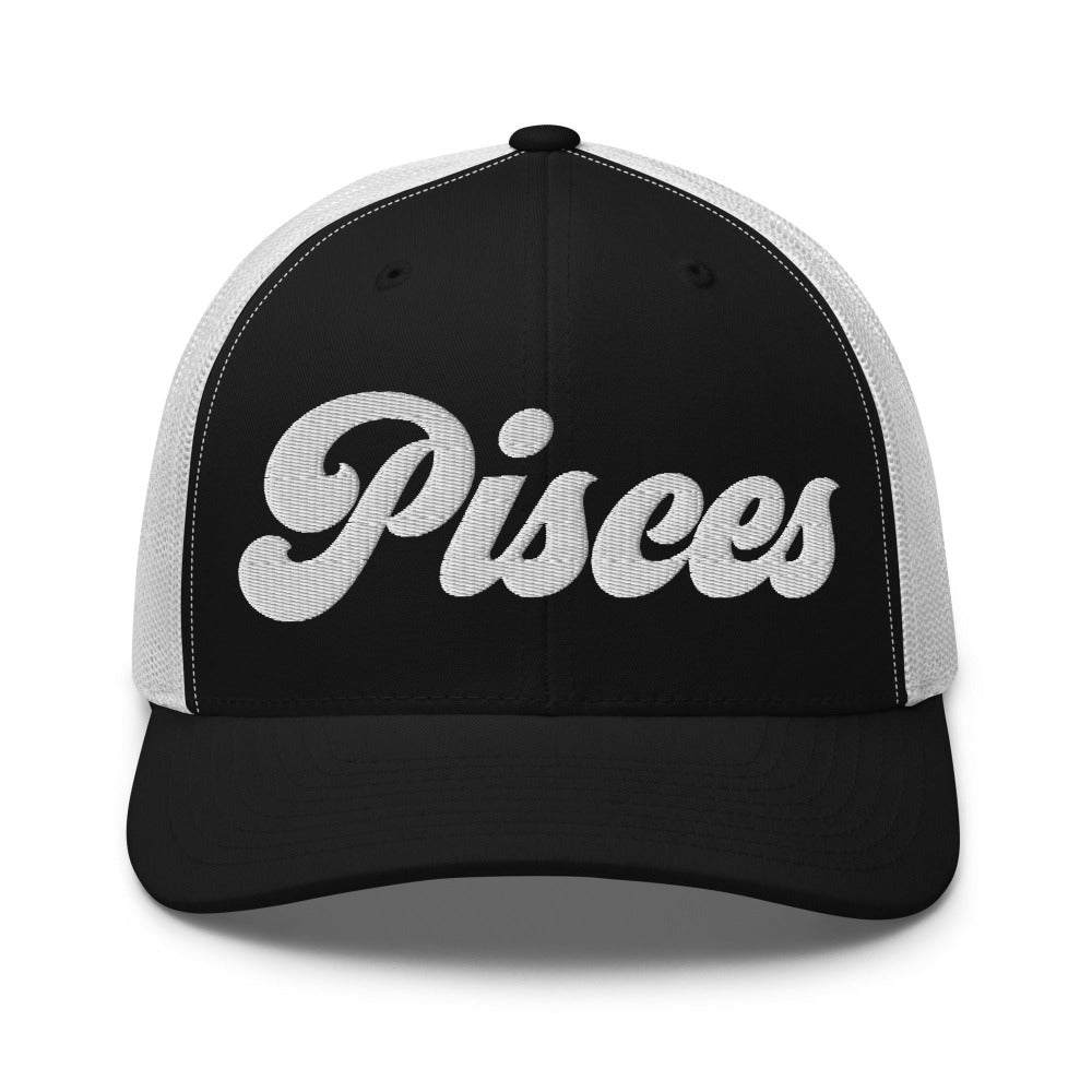 Pisces Zodiac Embroidered Curved Bill Trucker Hat - Black/White Color - https://ascensionemporium.net