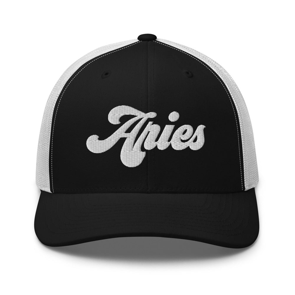 Aries Zodiac Embroidered Curved Bill Trucker Hat - Black/White Color - https://ascensionemporium.net