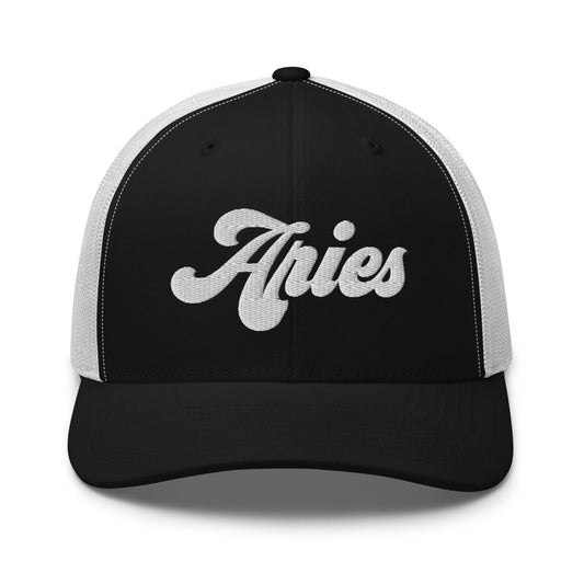 Aries Zodiac Embroidered Curved Bill Trucker Hat - Black/White Color - https://ascensionemporium.net