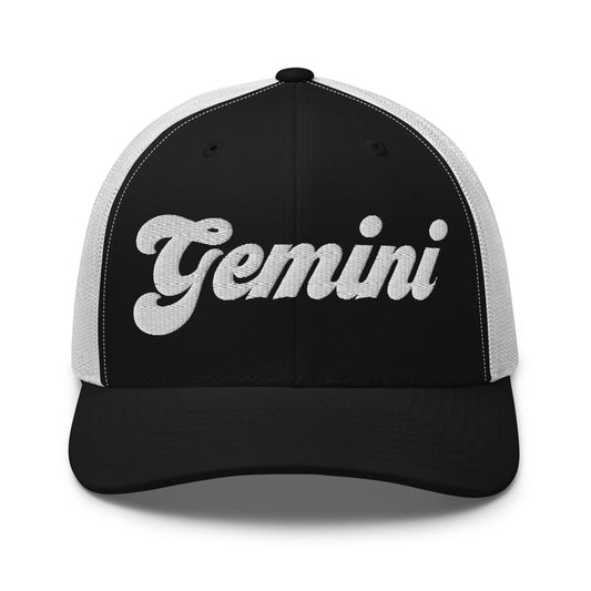 Gemini Zodiac Embroidered Curved Bill Trucker Hat - Black/White Color - https://ascensionemporium.net