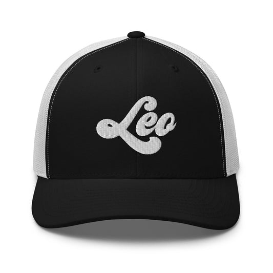 Leo Zodiac Embroidered Curved Bill Trucker Hat - Black/White Color - https://ascensionemporium.net