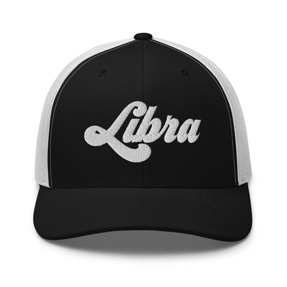 Libra Zodiac Embroidered Curved Bill Trucker Hat - Black/White Color - https://ascensionemporium.net