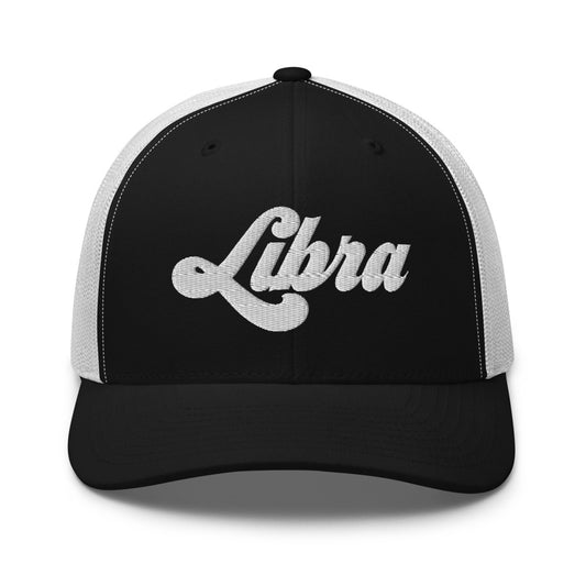 Libra Zodiac Embroidered Curved Bill Trucker Hat - Black/White Color - https://ascensionemporium.net