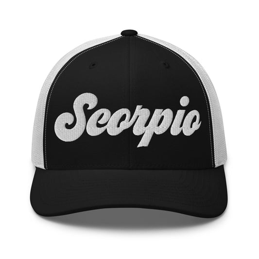 Scorpio Zodiac Embroidered Curved Bill Trucker Hat - Black/White Color - https://ascensionemporium.net