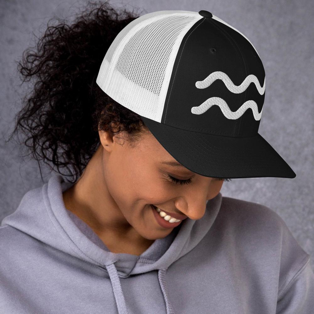 Aquarius Zodiac Embroidered Curved Bill Trucker Hat - Black/White Color - https://ascensionemporium.net