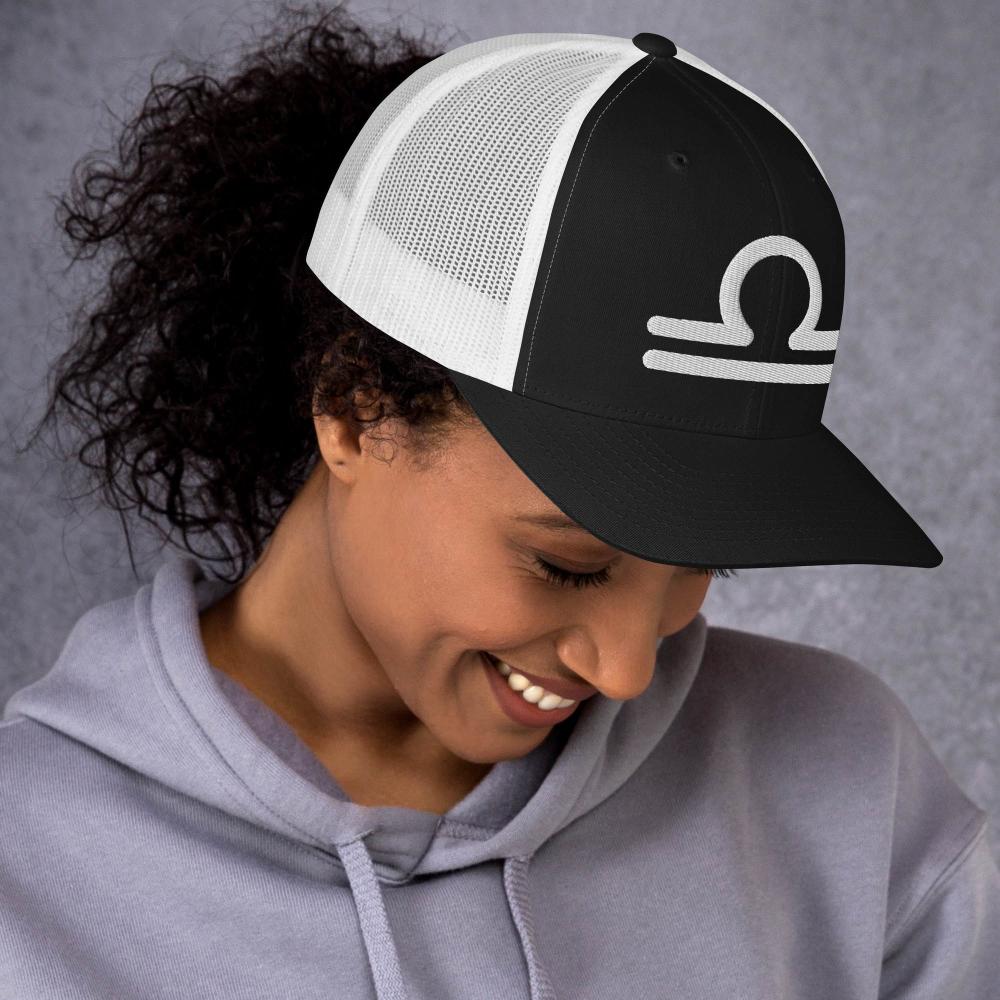 Libra Zodiac Embroidered Curved Bill Trucker Hat - Black/White Color - https://ascensionemporium.net