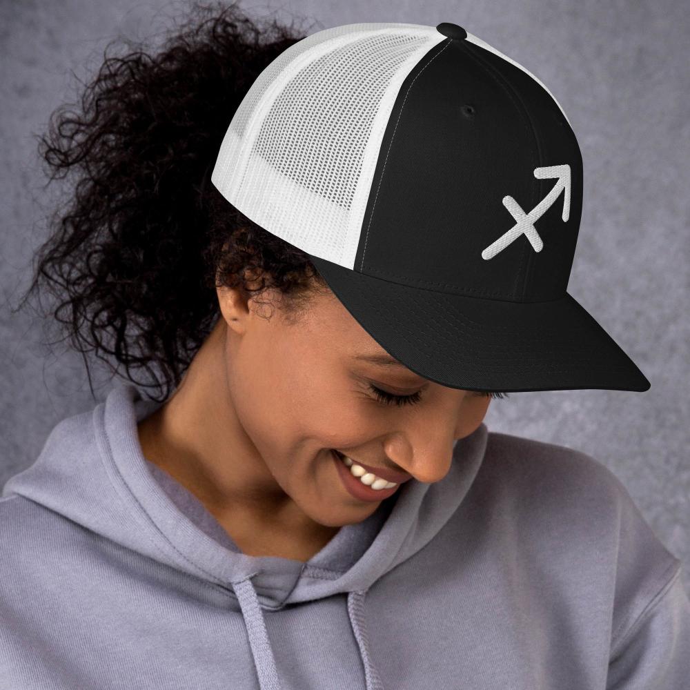 Sagittarius Zodiac Embroidered Curved Bill Trucker Hat - Black/White Color - https://ascensionemporium.net