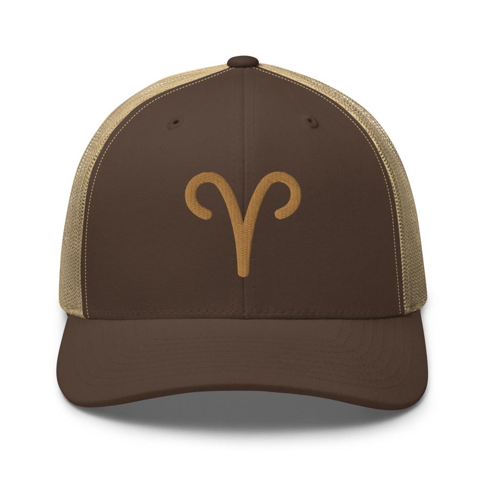 Aries Zodiac Embroidered Curved Bill Trucker Hat - Brown/Khaki Color - https://ascensionemporium.net