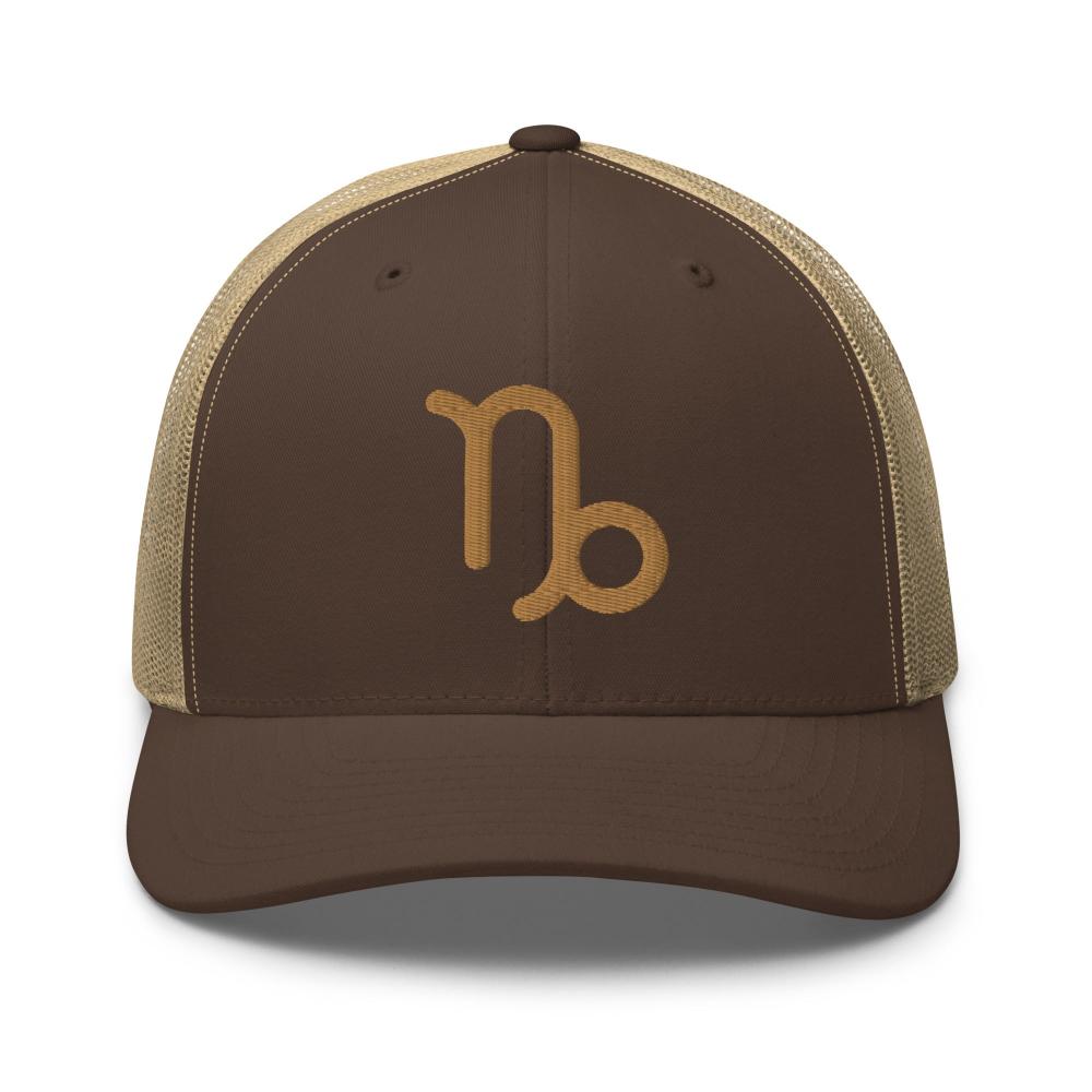 Capricorn Zodiac Embroidered Curved Bill Trucker Hat - Brown/Khaki Color - https://ascensionemporium.net