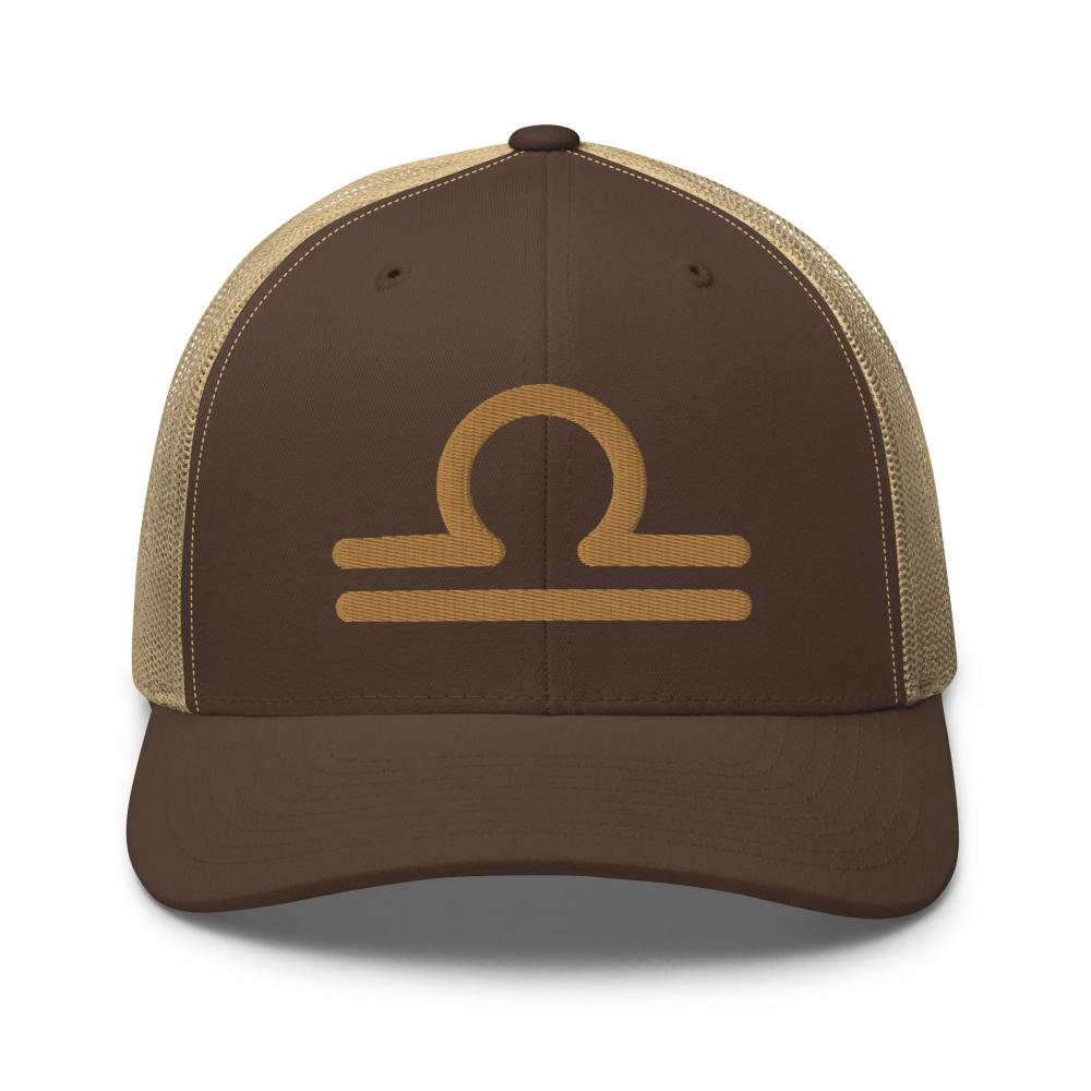 Libra Zodiac Embroidered Curved Bill Trucker Hat - Brown/Khaki Color - https://ascensionemporium.net