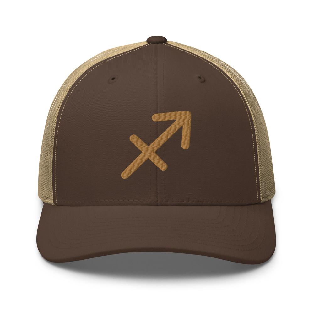 Sagittarius Zodiac Embroidered Curved Bill Trucker Hat - Brown/Khaki Color - https://ascensionemporium.net