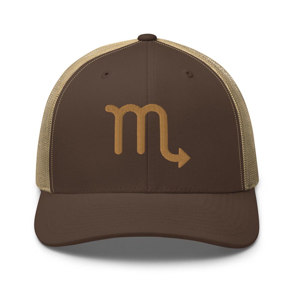 Scorpio Zodiac Embroidered Curved Bill Trucker Hat - Brown/Khaki Color - https://ascensionemporium.net