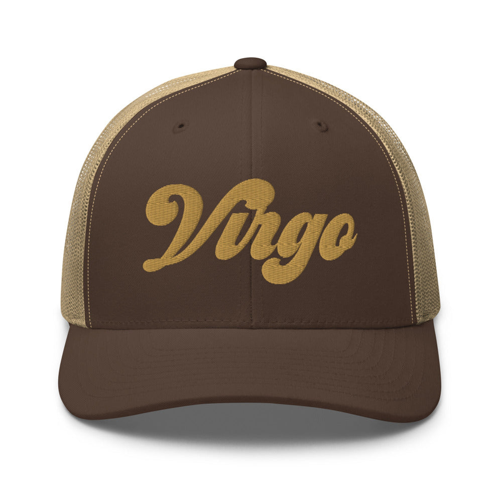 Virgo Zodiac Embroidered Curved Bill Trucker Hat - Brown/Khaki Color - https://ascensionemporium.net