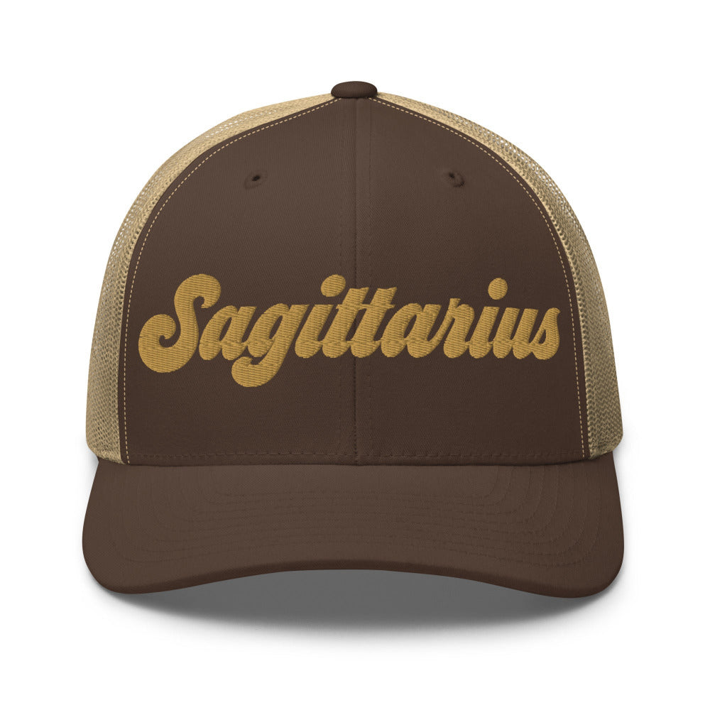 Sagittarius Zodiac Embroidered Curved Bill Trucker Hat - Brown/Khaki Color - https://ascensionemporium.net