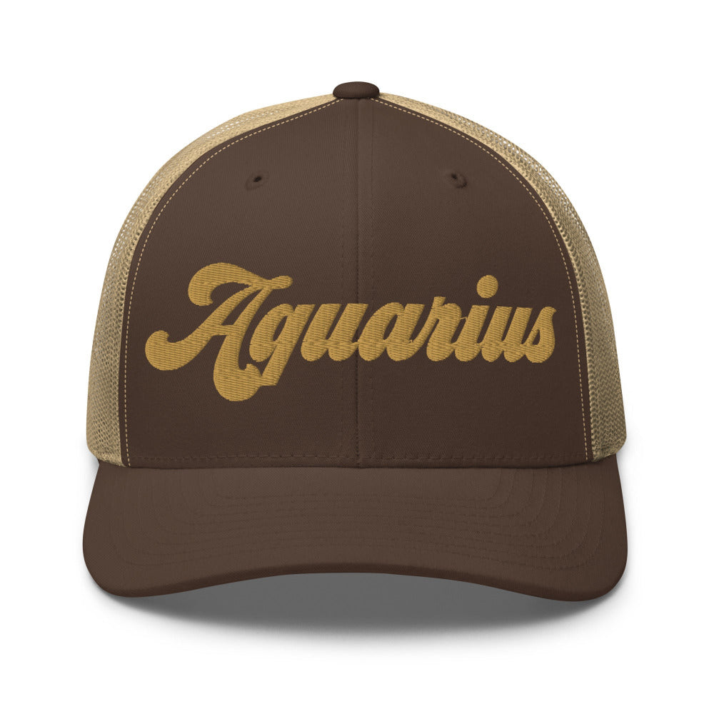 Aquarius Zodiac Embroidered Curved Bill Trucker Hat - Brown/Khaki Color - https://ascensionemporium.net