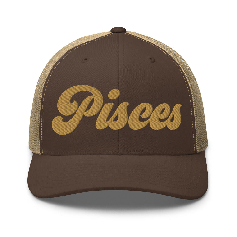 Pisces Zodiac Embroidered Curved Bill Trucker Hat - Brown/Khaki Color - https://ascensionemporium.net