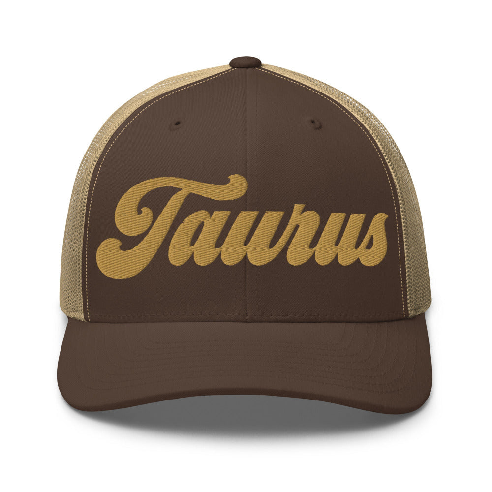 Taurus Zodiac Embroidered Curved Bill Trucker Hat - Brown/Khaki Color - https://ascensionemporium.net