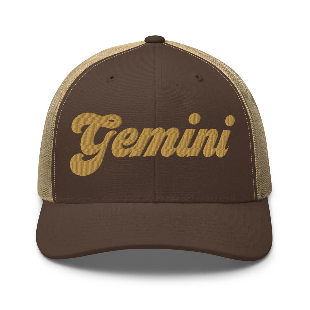 Gemini Zodiac Embroidered Curved Bill Trucker Hat - Brown/Khaki Color - https://ascensionemporium.net