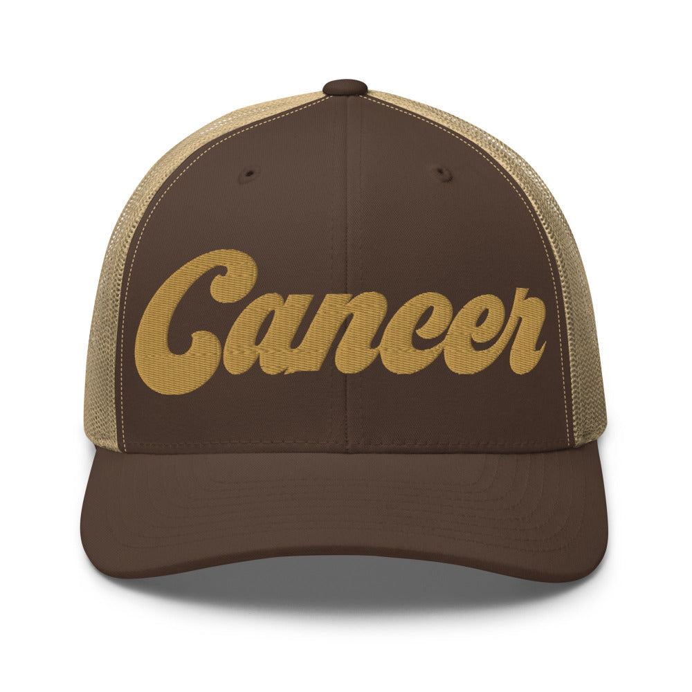 Cancer Zodiac Embroidered Curved Bill Trucker Hat - Brown/Khaki Color - https://ascensionemporium.net