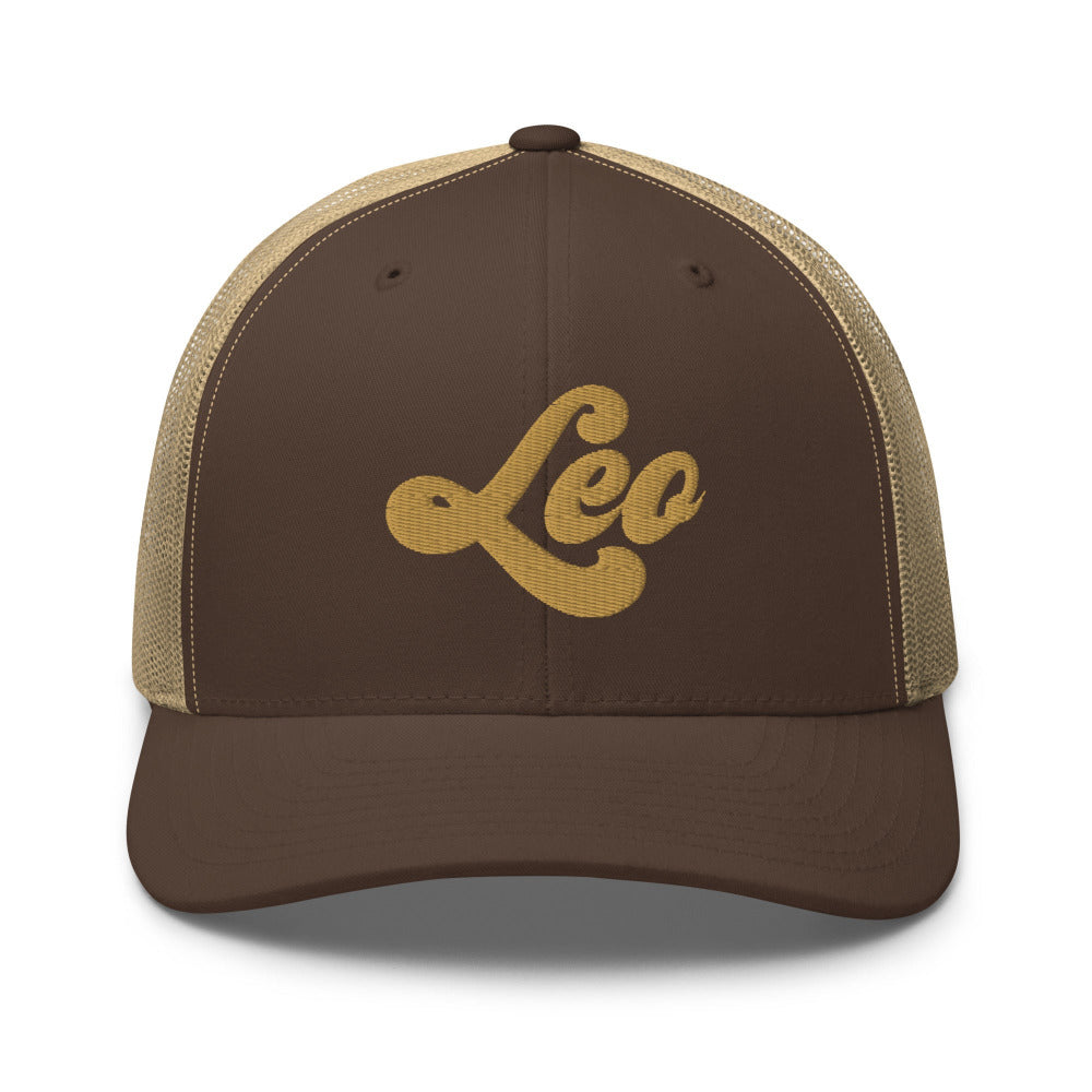 Leo Zodiac Embroidered Curved Bill Trucker Hat - Brown/Khaki Color - https://ascensionemporium.net