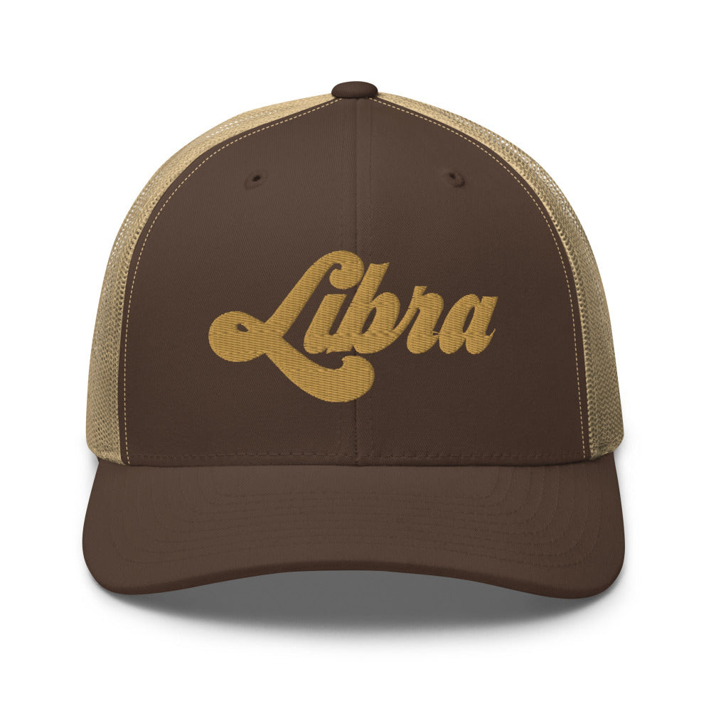Libra Zodiac Embroidered Curved Bill Trucker Hat - Brown/Khaki Color - https://ascensionemporium.net