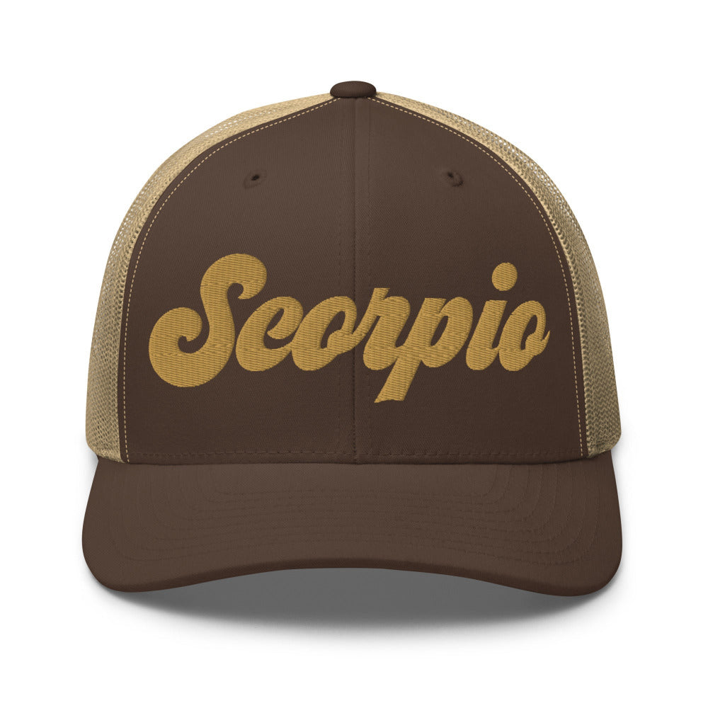 Scorpio Zodiac Embroidered Curved Bill Trucker Hat - Brown/Khaki Color - https://ascensionemporium.net