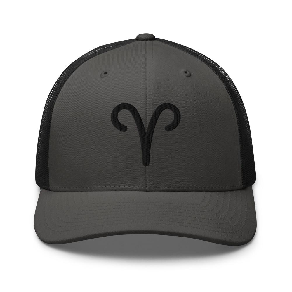 Aries Zodiac Embroidered Curved Bill Trucker Hat - Charcoal/Black Color - https://ascensionemporium.net