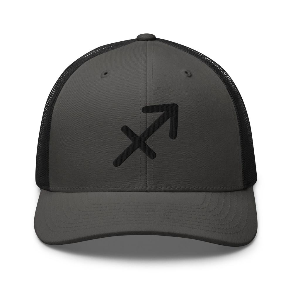 Sagittarius Zodiac Embroidered Curved Bill Trucker Hat - Charcoal/Black Color - https://ascensionemporium.net