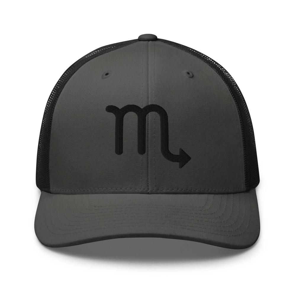 Scorpio Zodiac Embroidered Curved Bill Trucker Hat - Charcoal/Black Color - https://ascensionemporium.net