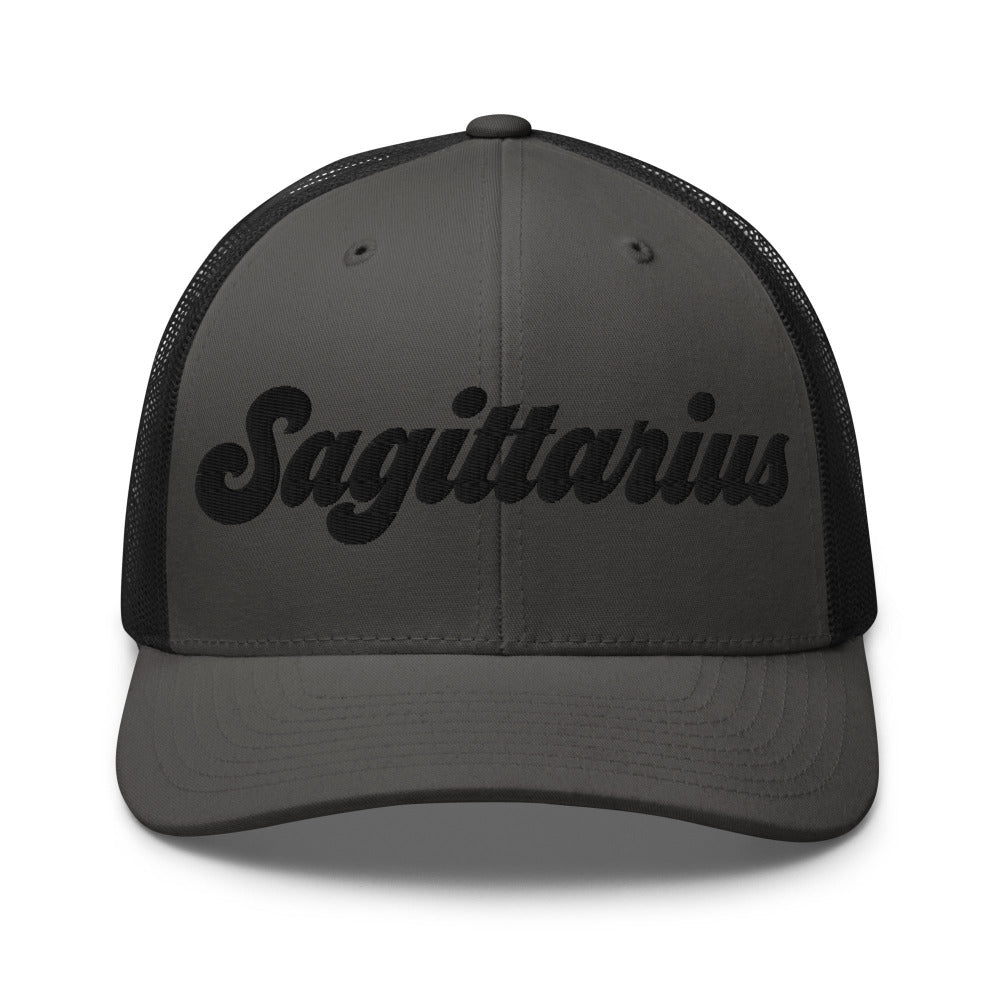 Sagittarius Zodiac Embroidered Curved Bill Trucker Hat - Charcoal/Black Color - https://ascensionemporium.net
