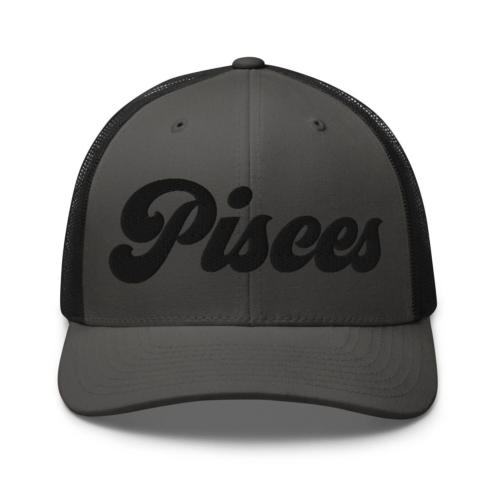 Pisces Zodiac Embroidered Curved Bill Trucker Hat - Charcoal/Black Color - https://ascensionemporium.net