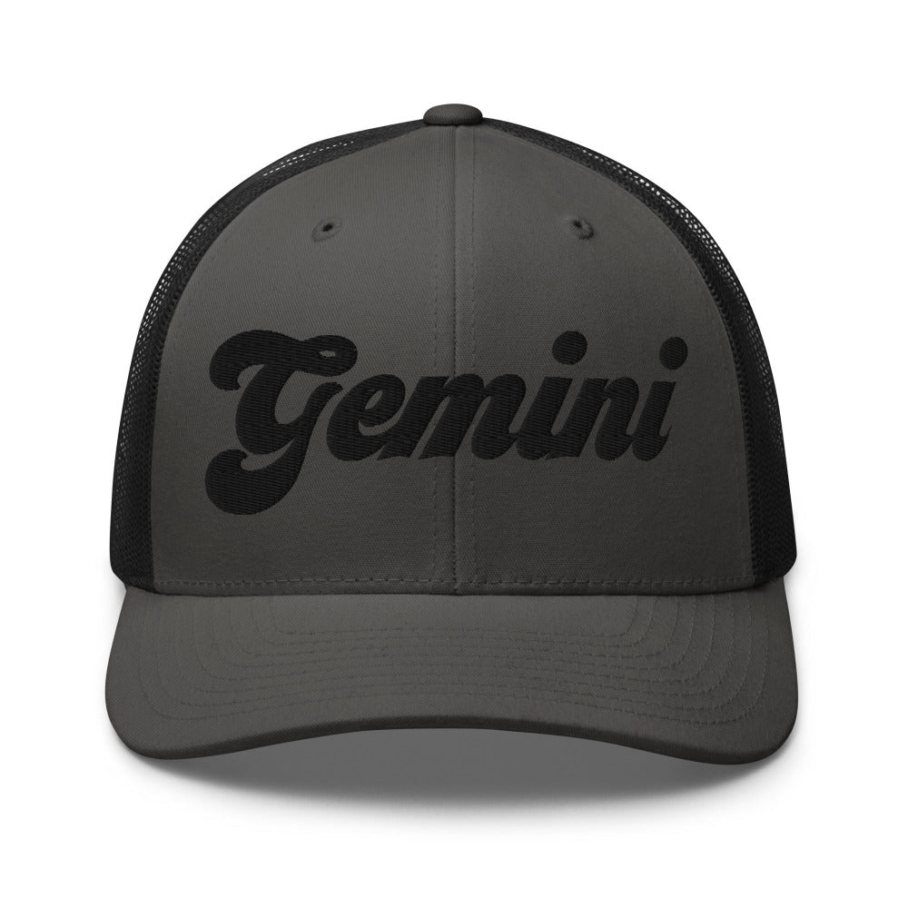 Gemini Zodiac Embroidered Curved Bill Trucker Hat - Charcoal/Black Color - https://ascensionemporium.net