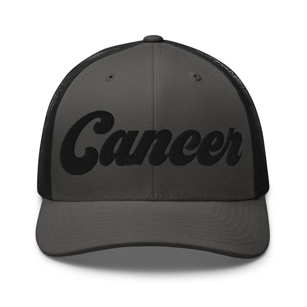 Cancer Zodiac Embroidered Curved Bill Trucker Hat - Charcoal/Black Color - https://ascensionemporium.net
