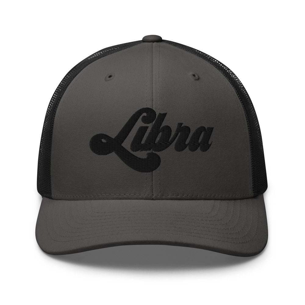 Libra Zodiac Embroidered Curved Bill Trucker Hat - Charcoal/Black Color - https://ascensionemporium.net